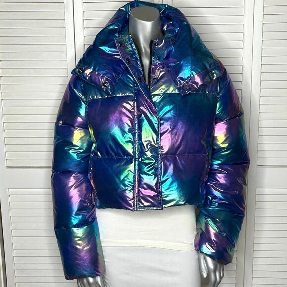 Unreal Fur Holographic FRACTALS Iridescent Puffer Jacket Metallic Cropped M NWT - Picture 2 of 12